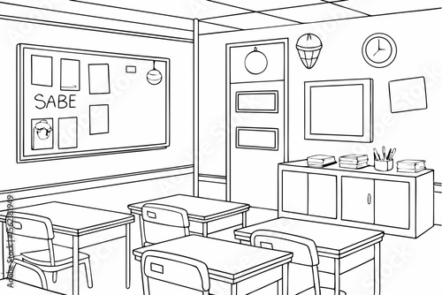 Line art coloring page of a classroom with a bulletin board displaying student artwork and achievements
