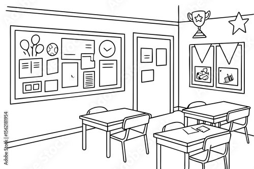 Line art coloring page of a classroom with a bulletin board displaying student artwork and achievements