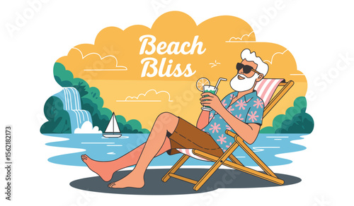 Elderly man relaxing on a beach chair with sunglasses and drink, enjoying a sunny seaside vacation with cliffs, ocean, and leisure vibes