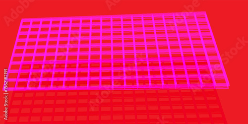 Vibrant pink grid over a red background with layered reflections, forming an abstract futuristic digital pattern.