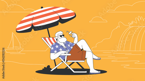 Elderly man relaxing on a beach chair with sunglasses and drink, enjoying a sunny seaside vacation with cliffs, ocean, and leisure vibes