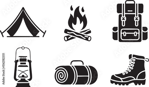 Camping Adventure Icons Set Outdoor Exploration Gear Tent Bonfire Backpack Lantern Sleeping Bag Boot Black and White Vector Illustration on Transparent Background