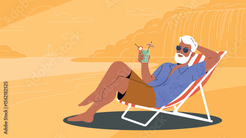 Elderly man relaxing on a beach chair with sunglasses and drink, enjoying a sunny seaside vacation with cliffs, ocean, and leisure vibes
