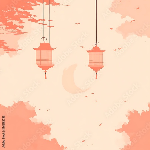 Pastel-toned sky with hanging lanterns and crescent moon.  Soft lighting and peaceful ambiance