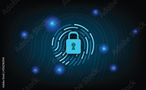Futuristic digital lock system with fingerprint authentication, biometric security access, encryption firewall, confidential information protection concept for online privacy, identity verification.