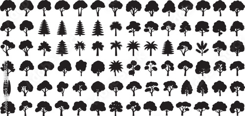 Diverse Tree Silhouette Collection A Comprehensive Set of Forest Elements for Landscape Design and Ecological Illustrations, Featuring Various Shapes and Sizes