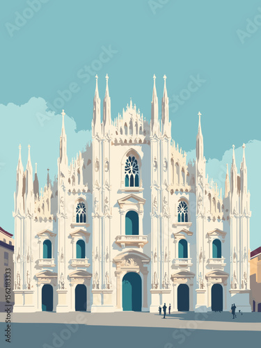Duomo di Milano at midday with marble white façade, terra cotta roof tiles, stone gray archways, and sky blue accents