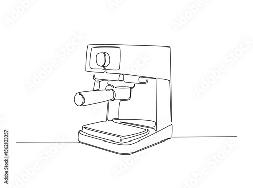 Modern coffee machine in single outline illustration. Continuous line art drawing of coffee machine for coffee shop.