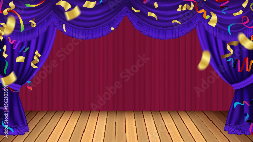 purple curtains are opening for the anniversary and product launch of valuable items. and celebration parties, birthdays, special occasions and confetti flying on white background, illustration