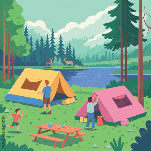 Forest camping scene with family near colorful tents, picnic table, lake, and two deer under partly cloudy sky and mountain backdrop