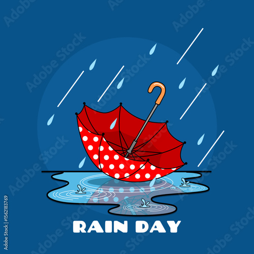 Rain Day to celebrate on July 29th. Illustration of a red umbrella upside down on a puddle of water during the rain.