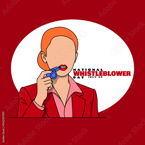 National Whistleblower Day to celebrate on July 30th. Illustration of a woman in a red suit about to blow a whistle on dark red background.