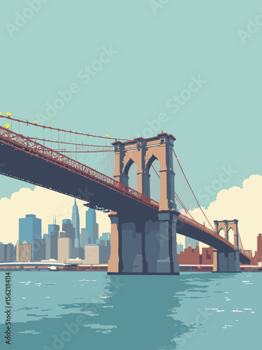 Brooklyn Bridge cables converging over NYC skyline with steel gray beams, river blue water, brick red towers, and cream accents