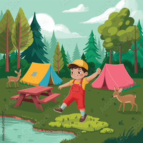 Colorful forest camping scene with child near a pond, deer, vibrant tents, and picnic table under partly cloudy sky in peaceful nature