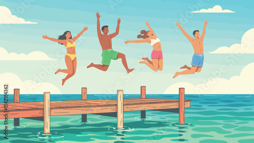 group of people joyfully jumping off a wooden dock into the sea against a blue sky, capturing carefree summer fun and seaside adventure