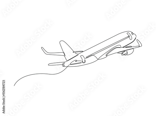 Aeroplane flying in single outline illustration. Continuous line art drawing of plane airbus.