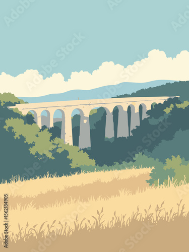 Pont du Gard aqueduct arches over Provence landscape in limestone white, moss gray stone, wheat beige fields, and sky blue horizon