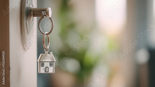 The keys hanging from a door with a house-shaped keychain.