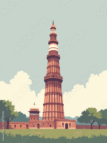 Qutub Minar soaring above Delhi in red sandstone, marble white balconies, sky gray backdrop, and olive lawn