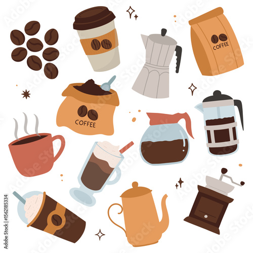 Set of coffee shop equipment doodle illustration