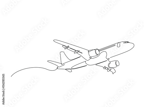 Aeroplane flying in single outline illustration. Continuous line art drawing of plane airbus.