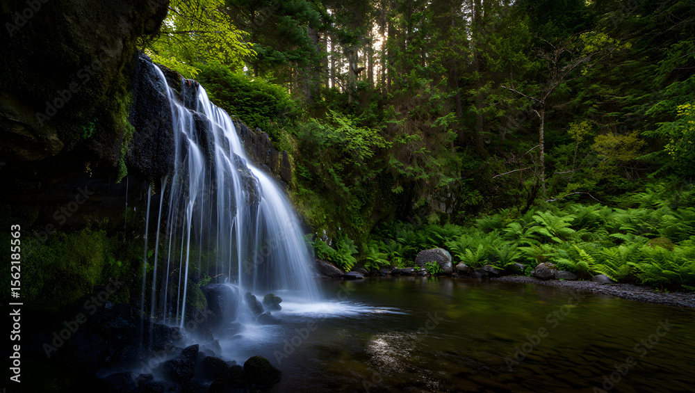 Obraz premium A scenic waterfall cascades through a lush green forest landscape