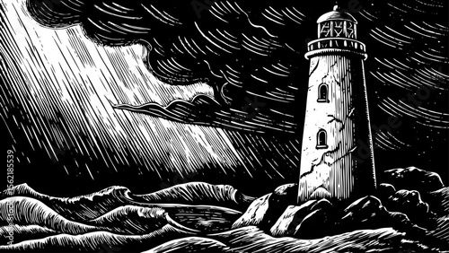 old lighthouse standing against stormy waves, ideal for storytelling book covers, sailing-themed branding or forearm tattoos a black and white line art illustration