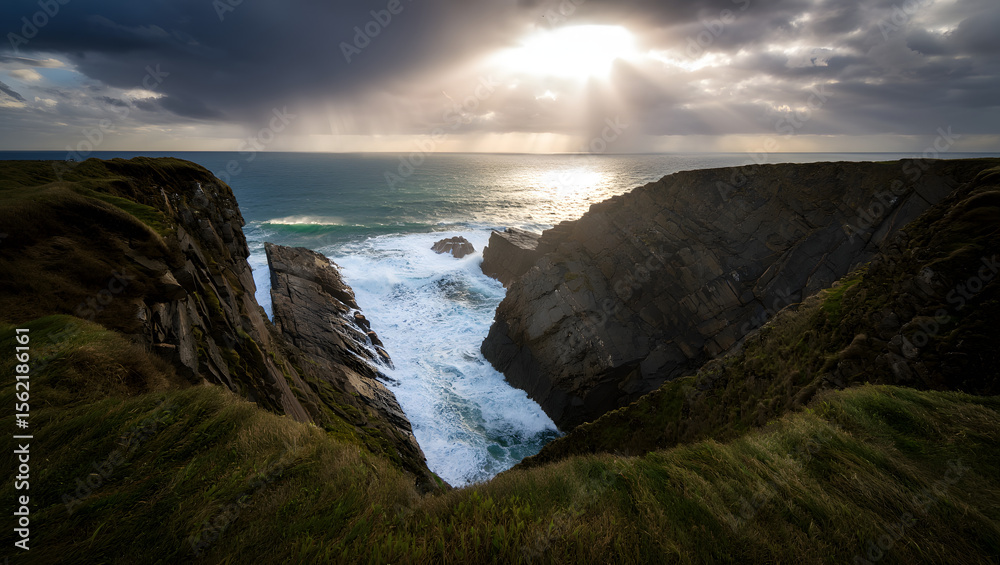 Naklejka premium Sunlight streams through storm clouds over the rugged irish coastline