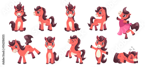 Cute horse Character Vector Set. Funny horse in various poses for New Year and Sale banners. Happy, jumping, resting, sleeping. Chinese Zodiac Lunar New Year 2026 illustration