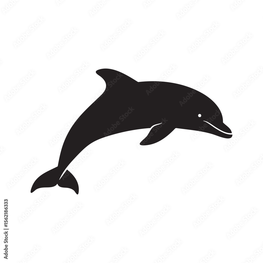 Fototapeta premium A black silhouette of a playful dolphin leaping from the water isolated on white background silhouette