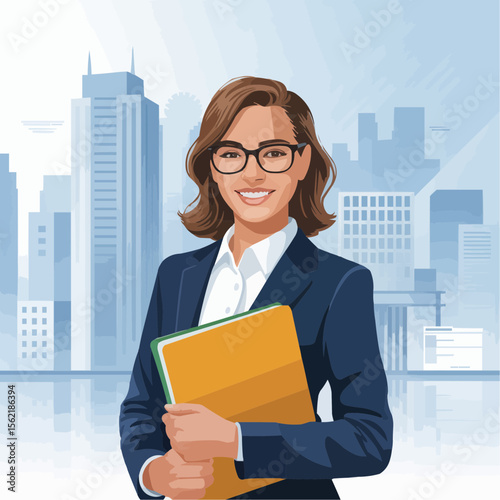Professional Business Woman in Glasses Holding Folder