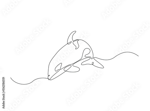 Killer whale in the ocean single outline illustration. Continuous line art drawing of orca killer whale.