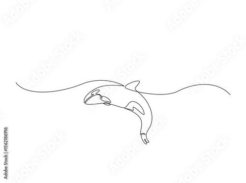 Killer whale in the ocean single outline illustration. Continuous line art drawing of orca killer whale.