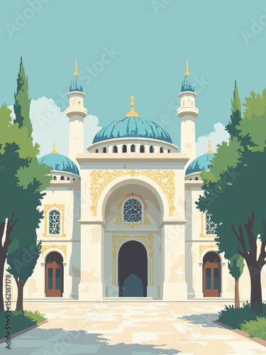 Topkapi Palace gates in Istanbul in palace gold accents, tile blue domes, marble white walls, and olive courtyards