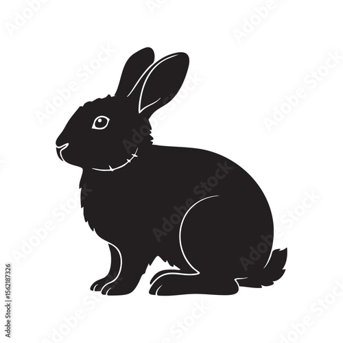 Black rabbit silhouette sitting profile view isolated on white background