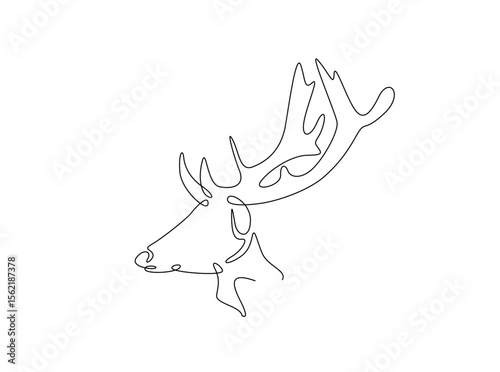 Deer head single outline illustration. Continuous line art drawing of reindeer head.