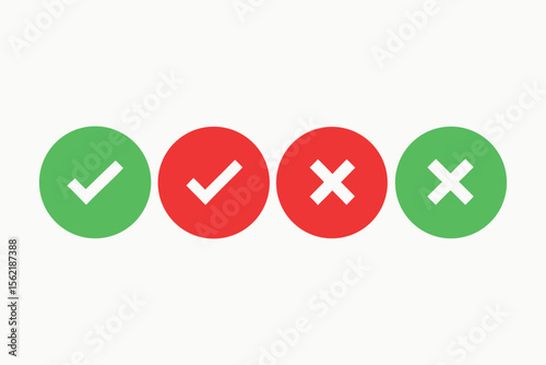 Set of green checkmarks and red crosses silhouette isolated on white background