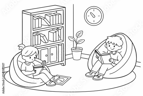 Line art coloring page of a classroom with a cozy reading corner, featuring a bookshelf and children sitting on beanbags