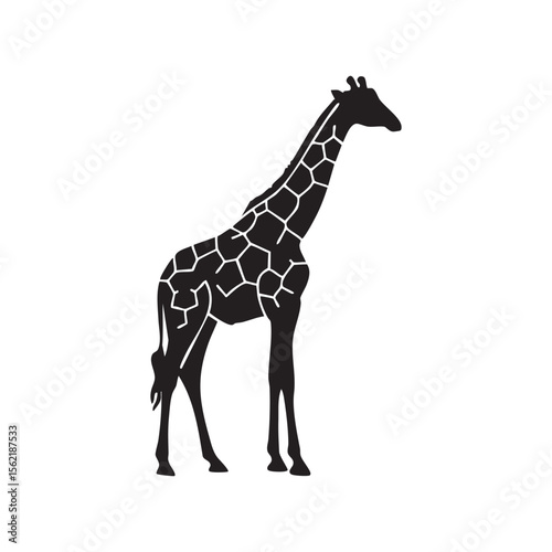 Stylized black giraffe silhouette with unique patterned markings isolated on white background silhouette