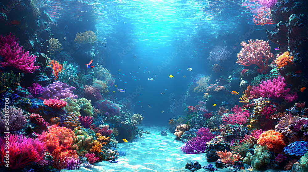 Naklejka premium Exploring Colorful Coral Reef Ecosystem with Fish in Clear Blue Ocean