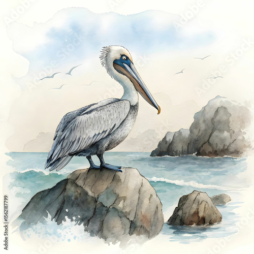 Vintage watercolor illustration of a pelican