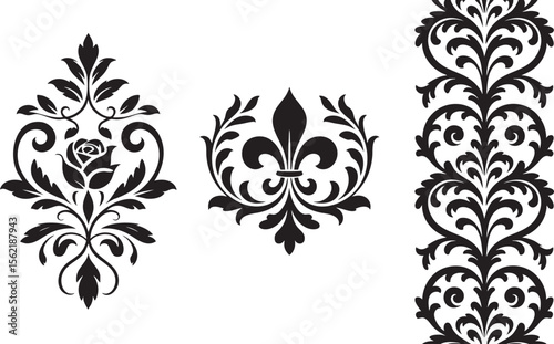 Elegant Damask Ornament Set Vector Illustration: Fleur-de-lis, Floral Scroll, and Border Design Elements for Decorative Arts, Invitations, and Interior Decor Projects