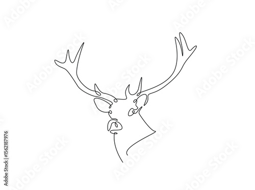 Deer head single outline illustration. Continuous line art drawing of reindeer head.