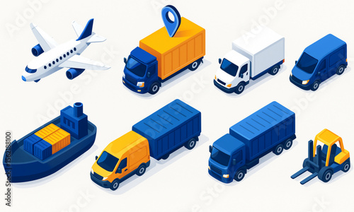 Diverse transportation methods are shown including truck, airplane, ship, and forklift for delivering packages and goods, representing logistical solutions.