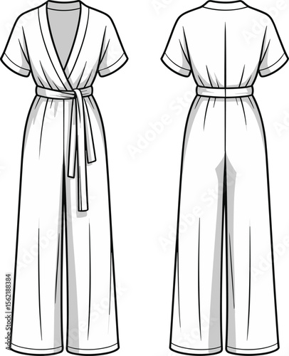 Wrap front belted jumpsuit with wide-leg pants and short sleeves, technical fashion flat sketch, CAD vector illustration template