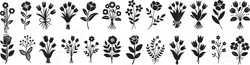 Elegant Floral Bouquet Silhouettes Collection A Set of Botanical Vector Illustrations Featuring Various Flower Arrangements and Floral Designs on Transparent Backdrop