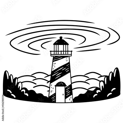 Monochrome Lighthouse Vector Graphic with Stylized Landscape