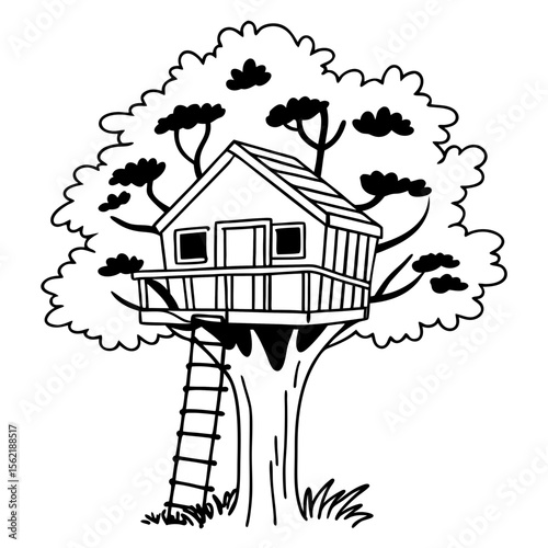 Treehouse Vector Illustration Playful Black and White Design