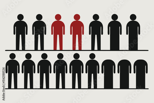 Two red figures stand out from a group of black figures silhouette isolated on white background