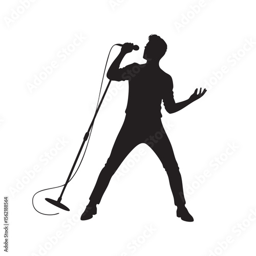 Energetic male singer performing with a microphone on a stand silhouette isolated on white background